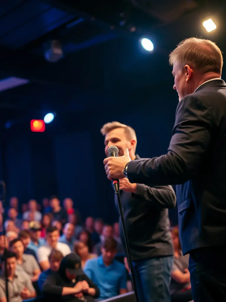 A lively scene from a stand-up comedy show, featuring a comedian on stage with a microphone, engaging the audience with jokes and stories, capturing the laughter and energy of a comedy performance.