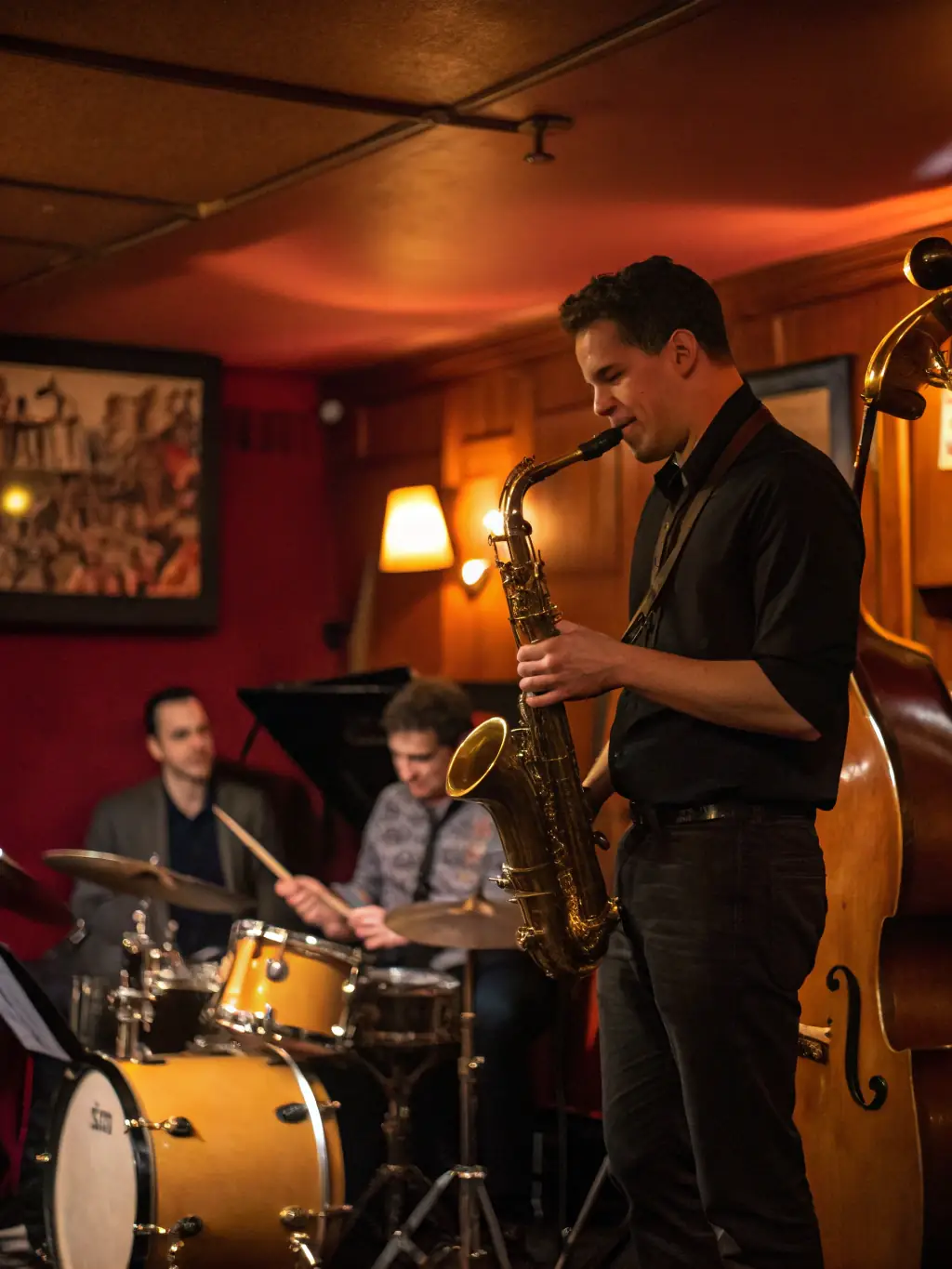 A vibrant photograph capturing a live jazz performance in a cozy, dimly lit venue, showcasing a saxophone player mid-solo with other musicians in the background, evoking a sense of musical energy and intimacy.