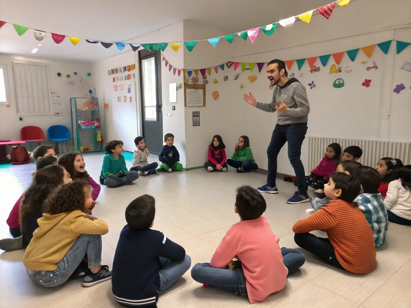 A vibrant photograph capturing a diverse group of children participating in an interactive drama workshop, showcasing SHOW ARTS' commitment to arts education.