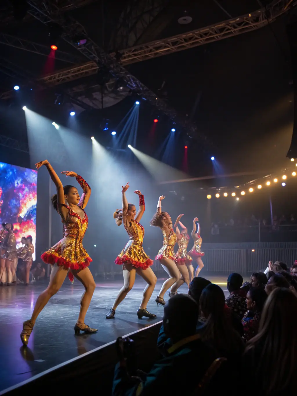 A dynamic image of a modern dance troupe performing on a brightly lit stage, with dancers in colorful costumes executing a complex routine, conveying movement, emotion, and artistic expression.