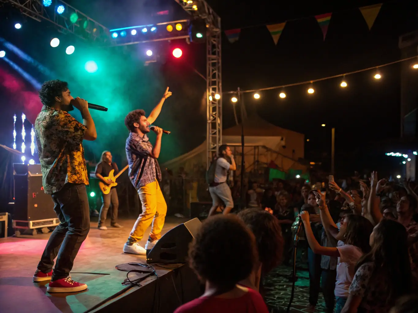 A dynamic image of a live musical performance featuring local artists on stage, highlighting SHOW ARTS' support for emerging talent.