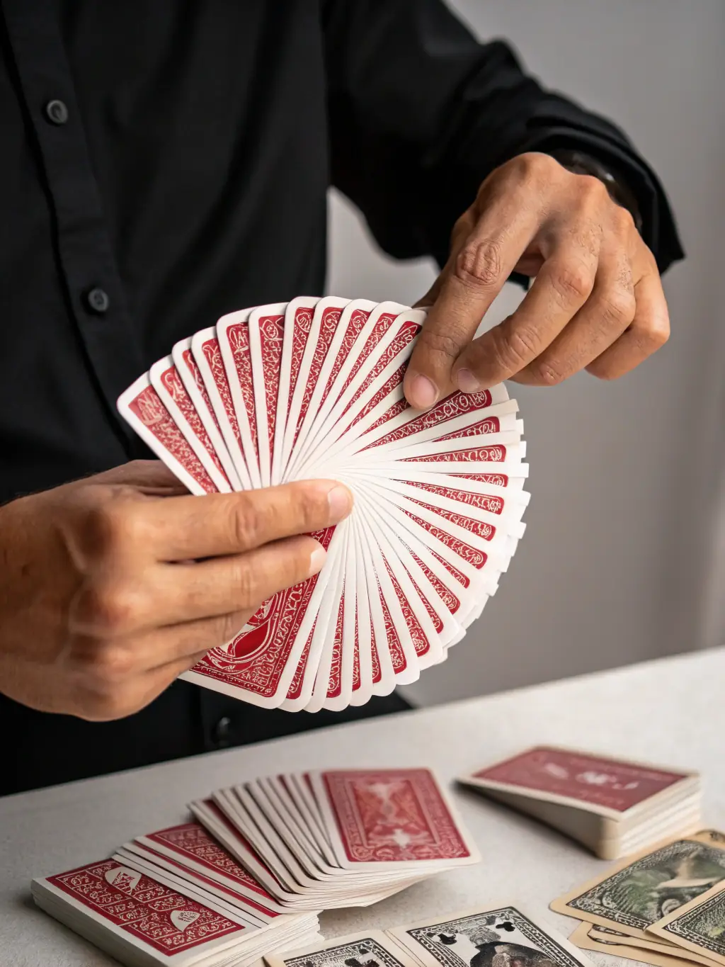 A captivating shot of a magician performing a close-up card trick, with an audience member looking on in amazement, highlighting the skill, mystery, and entertainment value of magic.